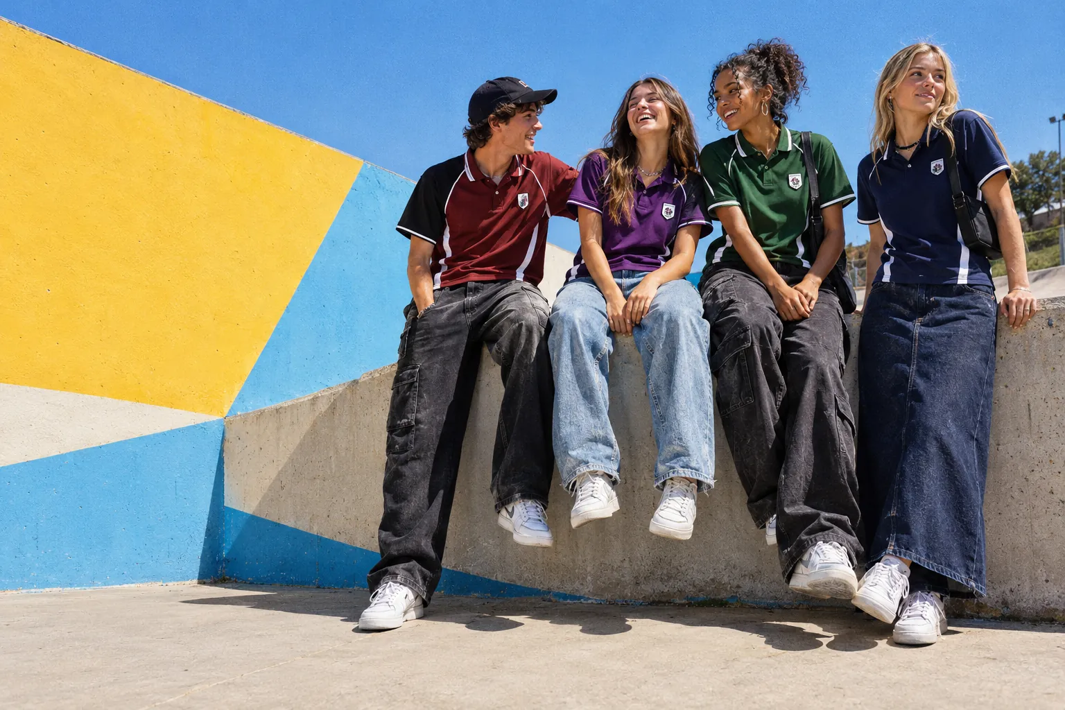 Groupe d’amis en polos Rospeli assis sur un muret de skatepark