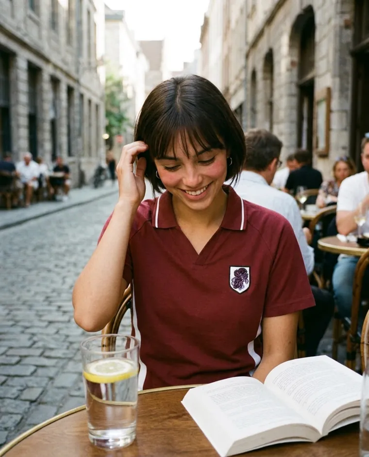 Jeune femme en polo Rospeli bordeaux, souriante, à la terrasse d’un café