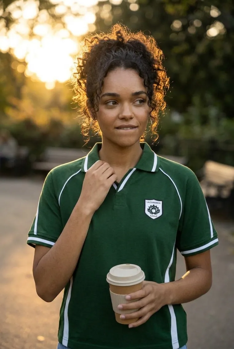 Jeune femme en polo Rospeli vert, dans un parc au coucher du soleil