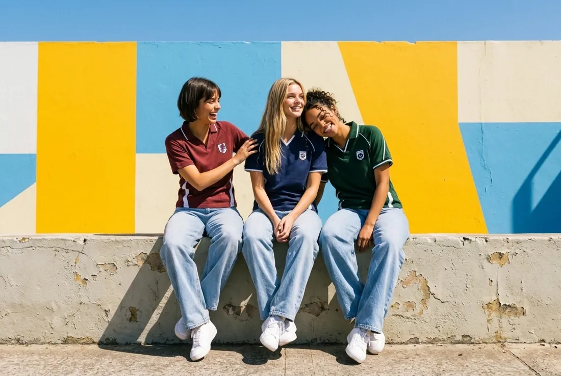 Trois amies riant ensemble, assises sur un muret devant un mur coloré, en polos Rospeli bordeaux, bleu marine et vert